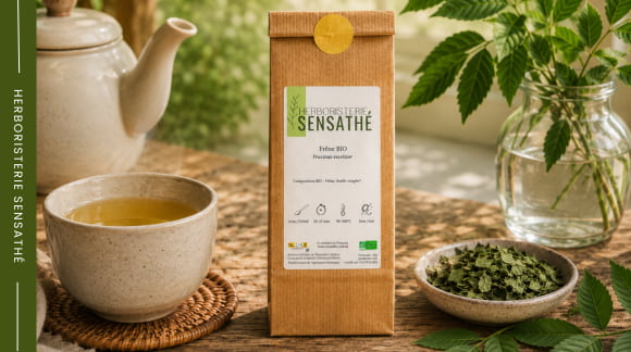 Sachet de feuilles de frêne bio présenté avec une tisane pour accompagner la prévention naturelle des calculs d'urate - Herboristerie Sensathé Sachet de feuilles de frêne bio présenté avec une tisane pour accompagner la prévention naturelle des calculs d'urate - Herboristerie Sensathé
